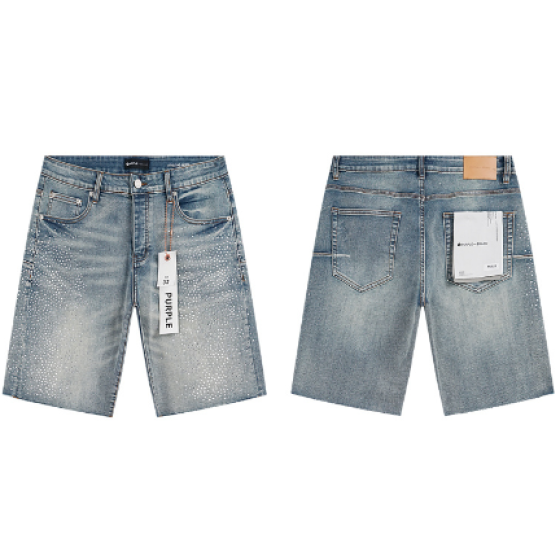 Light Blue Washed Denim Shorts with All-Over Rhinestone Studded Trim